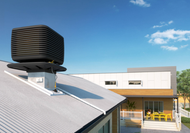 a well-maintained evaporative cooling system on a roof of Canberra home